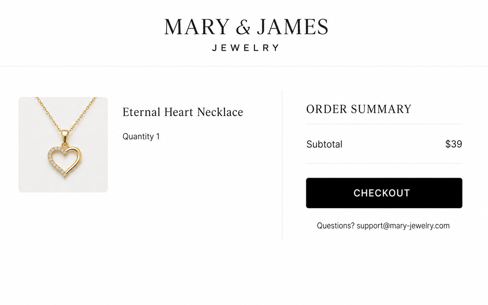 Illustration of a Mary and James Jewelry order summary and email-only support channel