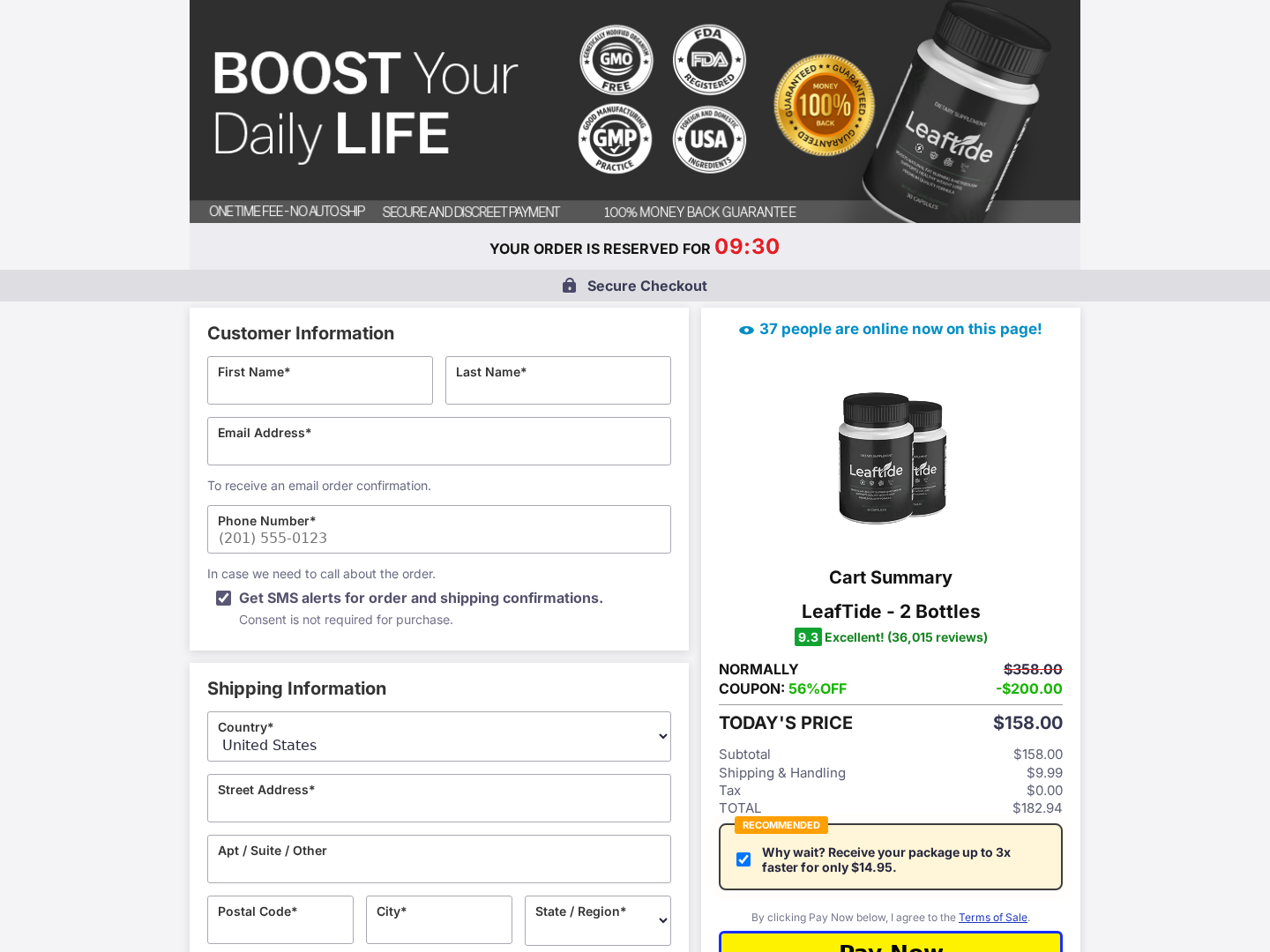 Leaftide checkout showing package total and selected expedited shipping