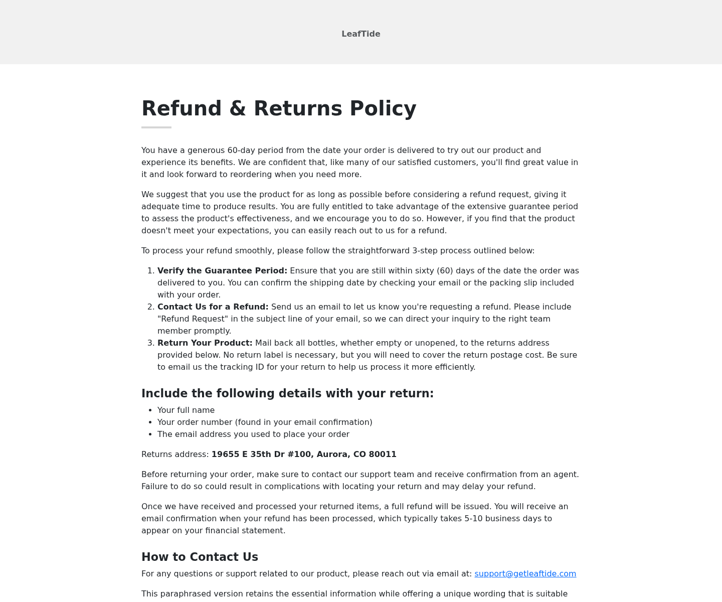 Leaftide refund policy describing bottle returns and customer-paid postage