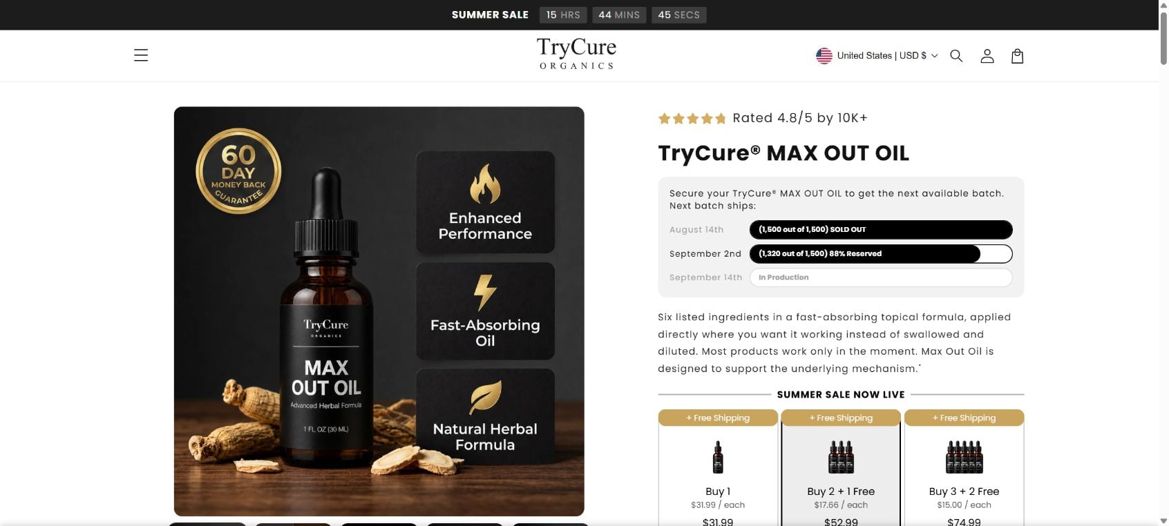 TryCure Max Out Oil product page showing the bottle, price options, rating, and performance claims