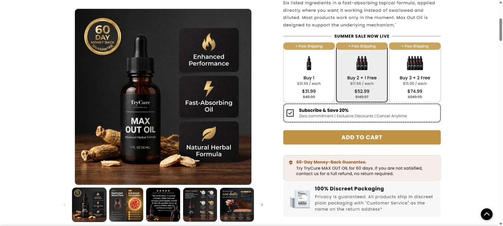 TryCure Max Out Oil checkout showing bundle prices and Subscribe and Save 20% selected