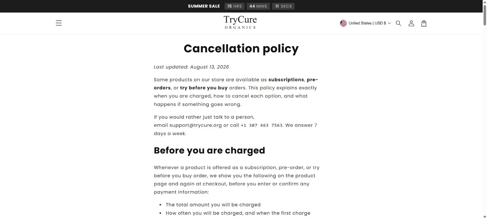 TryCure cancellation policy explaining subscriptions and repeated charges