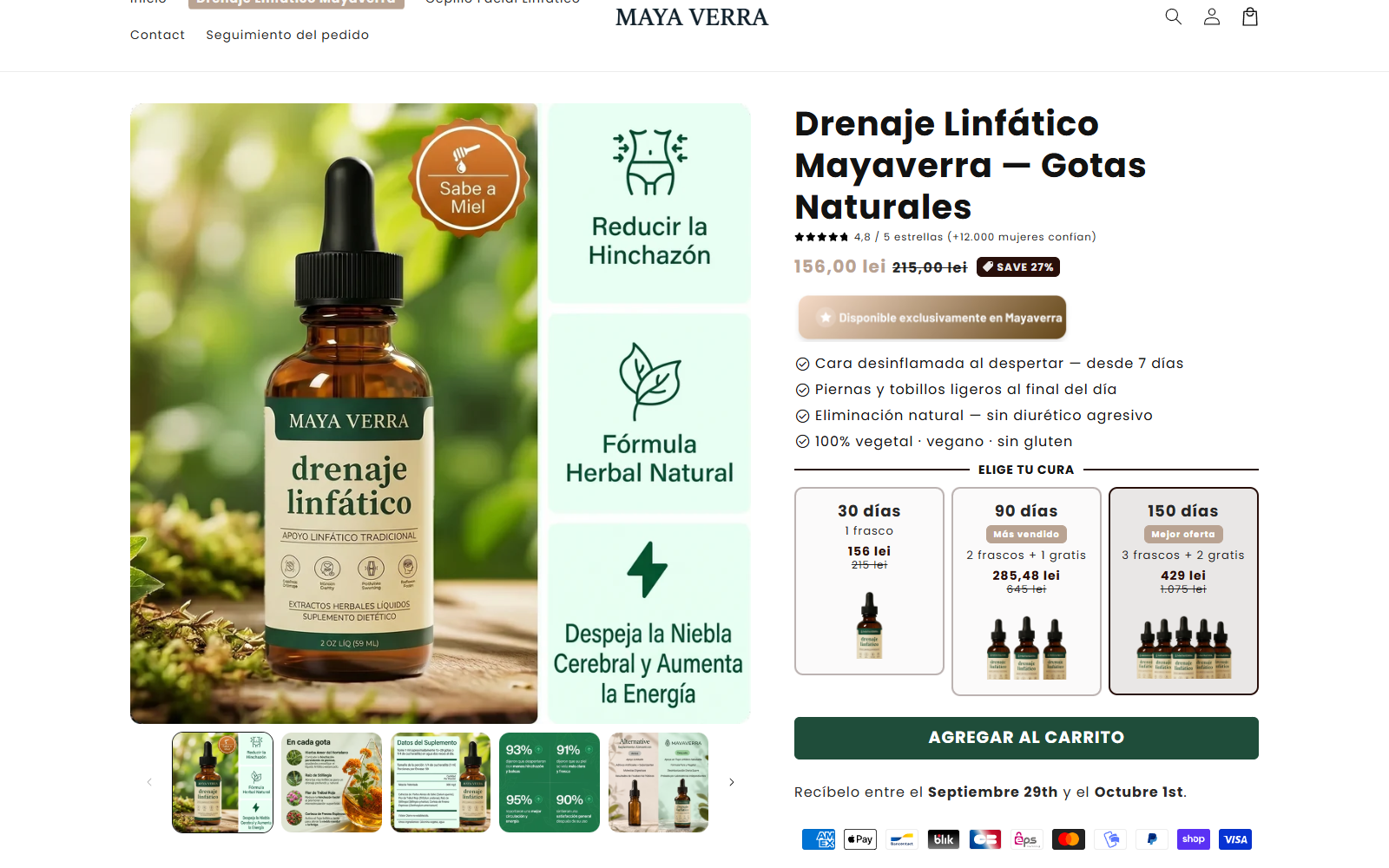 Mayevara lymphatic drainage drops page with health claims and multi-bottle bundles