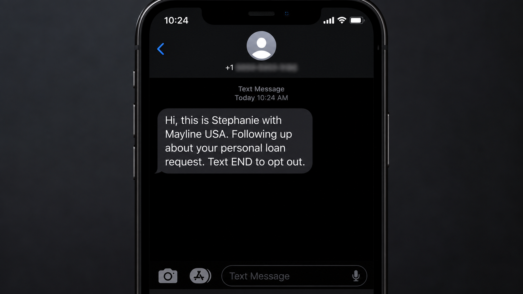 Illustration of the unexpected Mayline USA personal loan text reported by recipients