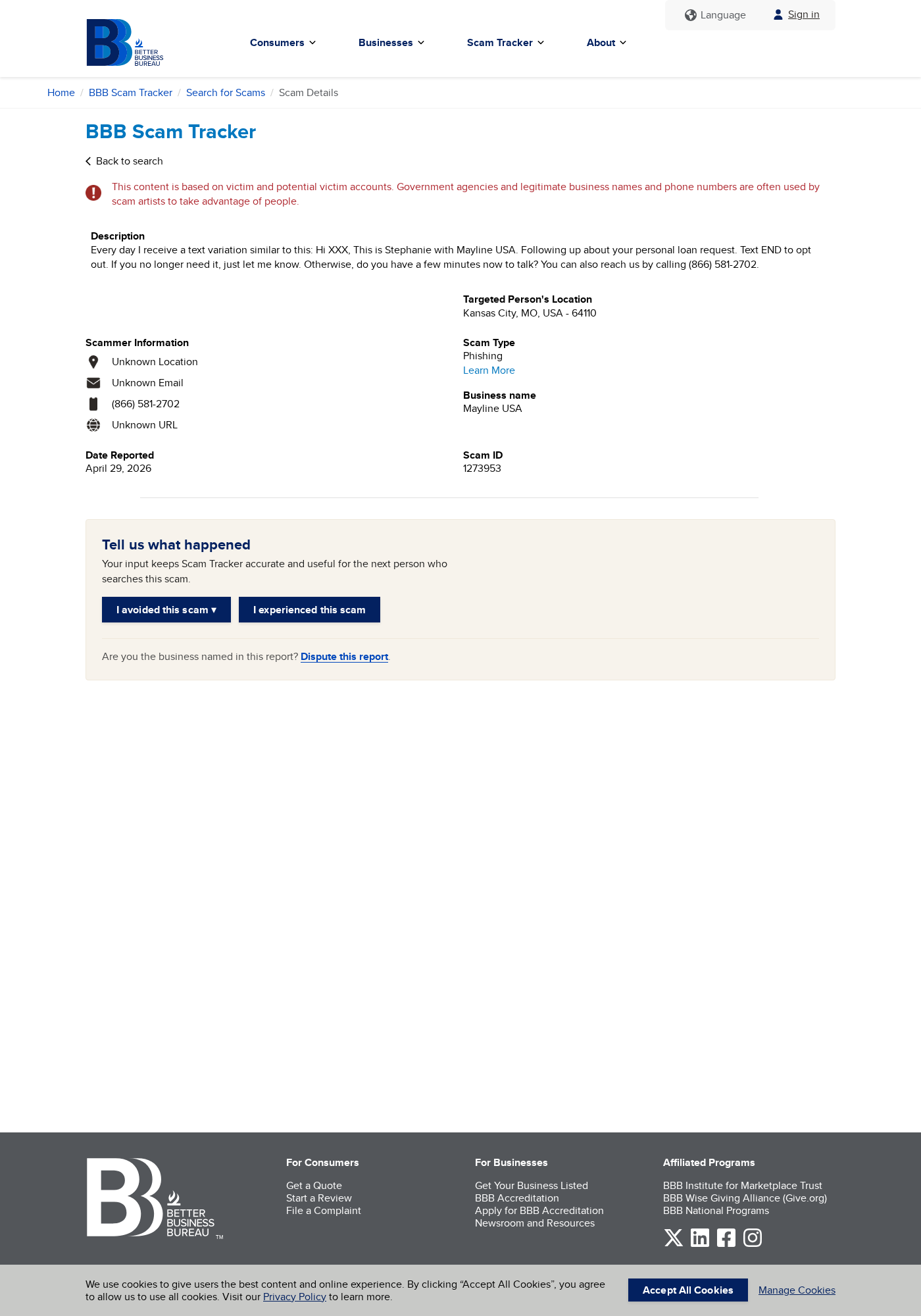 BBB Scam Tracker report describing repeated Mayline USA personal loan texts