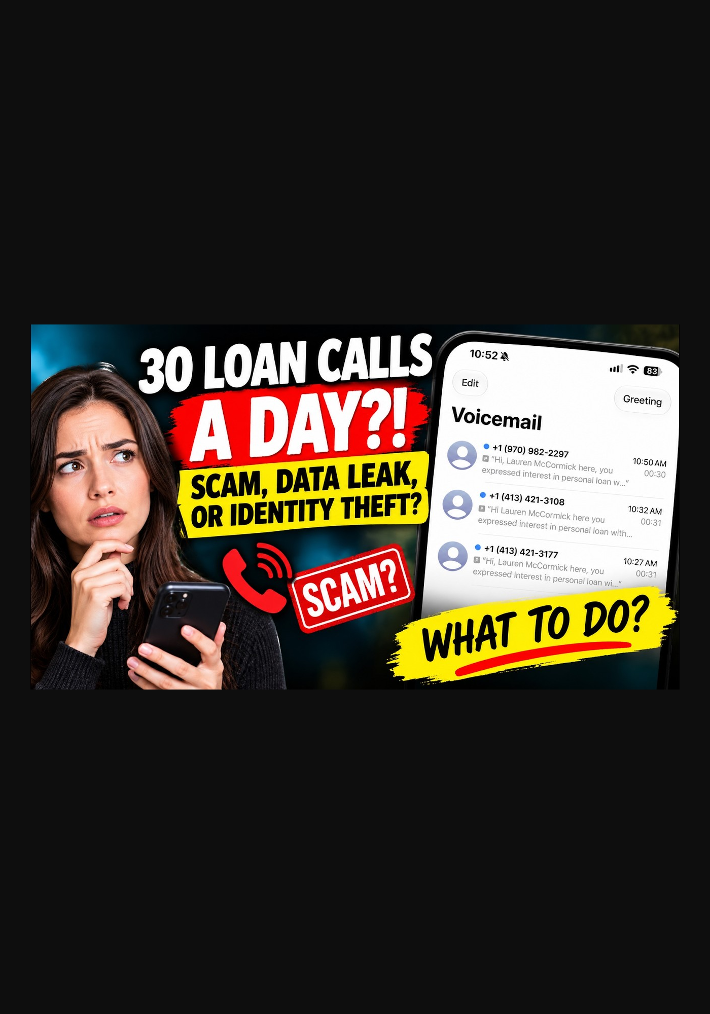 Loan scam warning graphic showing repeated calls and a false personal loan inquiry