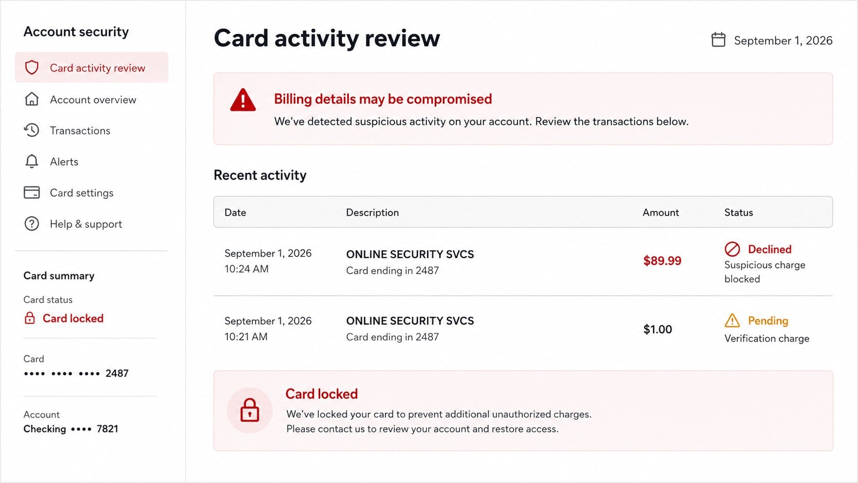 Card activity page showing suspicious antivirus related verification and renewal charges after a fake payment update