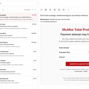 Fake McAfee payment method expired email with a Norton subject line and an update payment details button