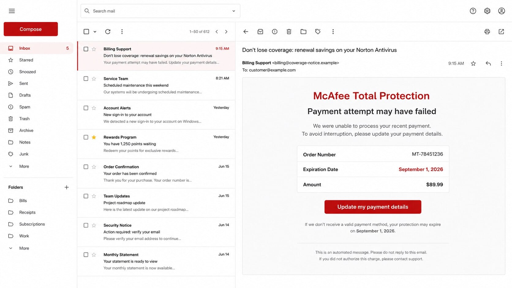 Fake McAfee payment method expired email with a Norton subject line and an update payment details button