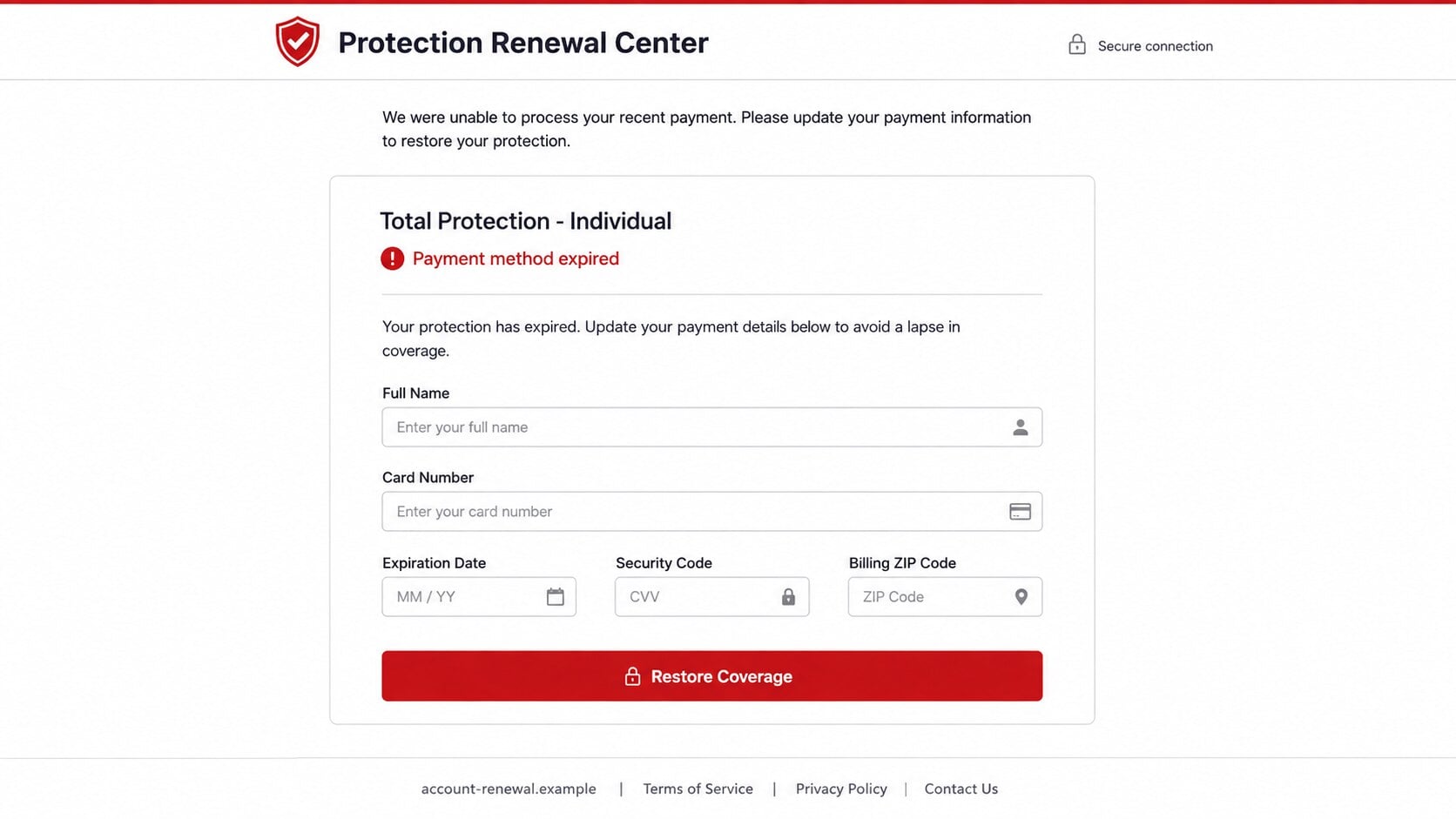 Fraudulent protection renewal form requesting card details after a fake antivirus payment warning