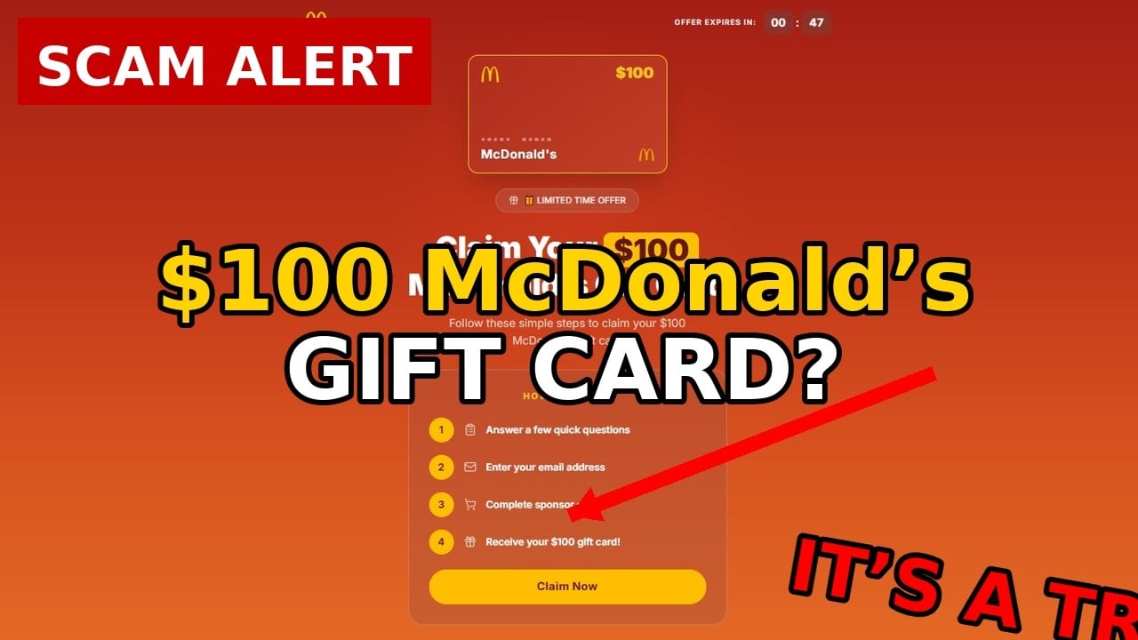 McGiftClaim investigation graphic showing the advertised $100 McDonalds gift card offer