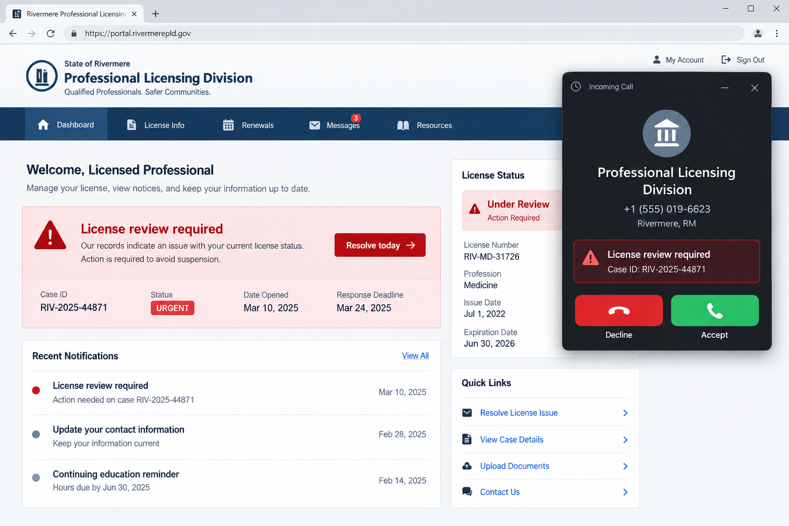 Fictional professional licensing portal and urgent call used in a medical license impersonation scam