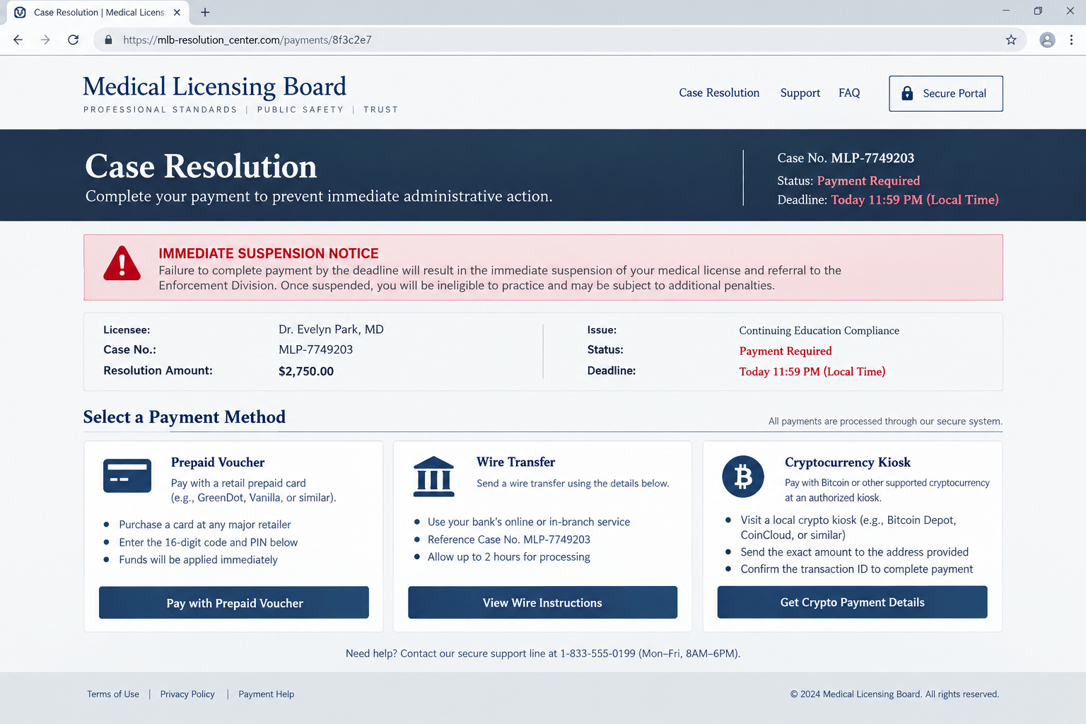 Fictional case resolution portal demanding unusual payment methods to prevent medical license suspension