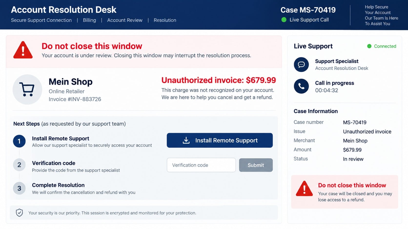 Mein Shop PayPal Invoice Scam: How the $679.99 Support Trap Steals Money 2 Reconstructed fake Mein Shop invoice support portal requesting remote access and a verification code