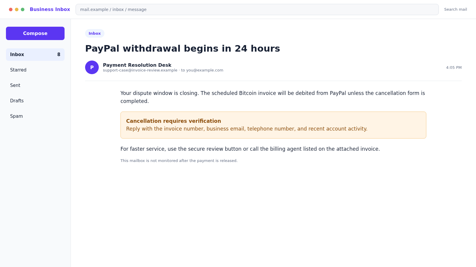 Melio Payments Email Scam: Fake Bitcoin Invoice and PayPal Withdrawal Trap 2 Reconstructed follow-up email claiming a PayPal withdrawal will begin unless the recipient completes Melio invoice verification