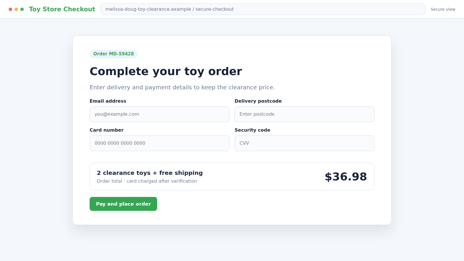 Reconstructed fake Melissa and Doug toy store checkout requesting card and delivery details
