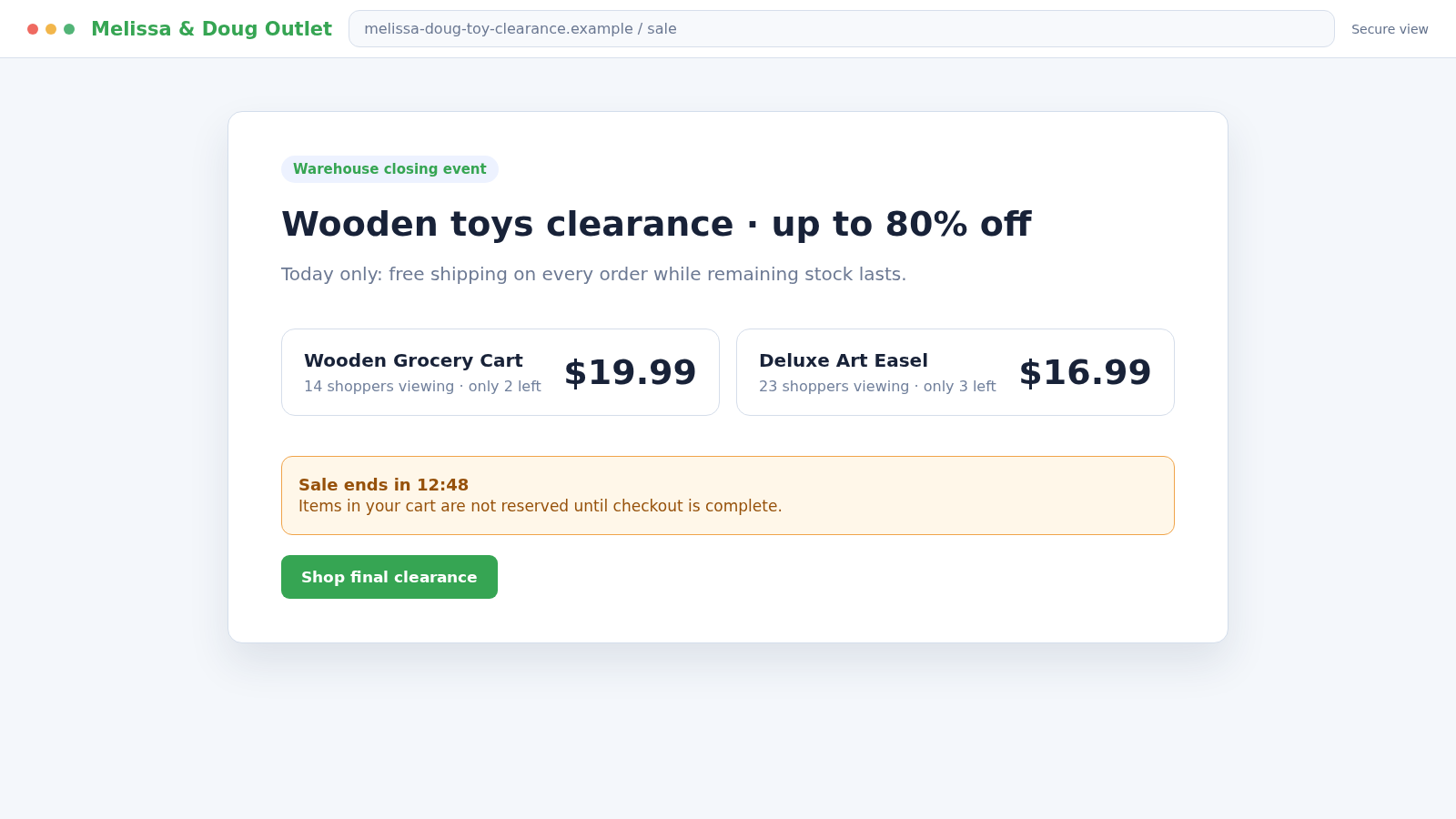 Reconstructed Melissa and Doug scam website advertising toys at fake clearance prices