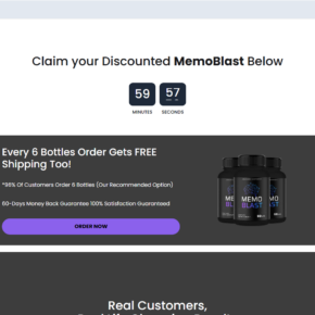 MemoBlast sales page promoting six bottles and a 60-day guarantee