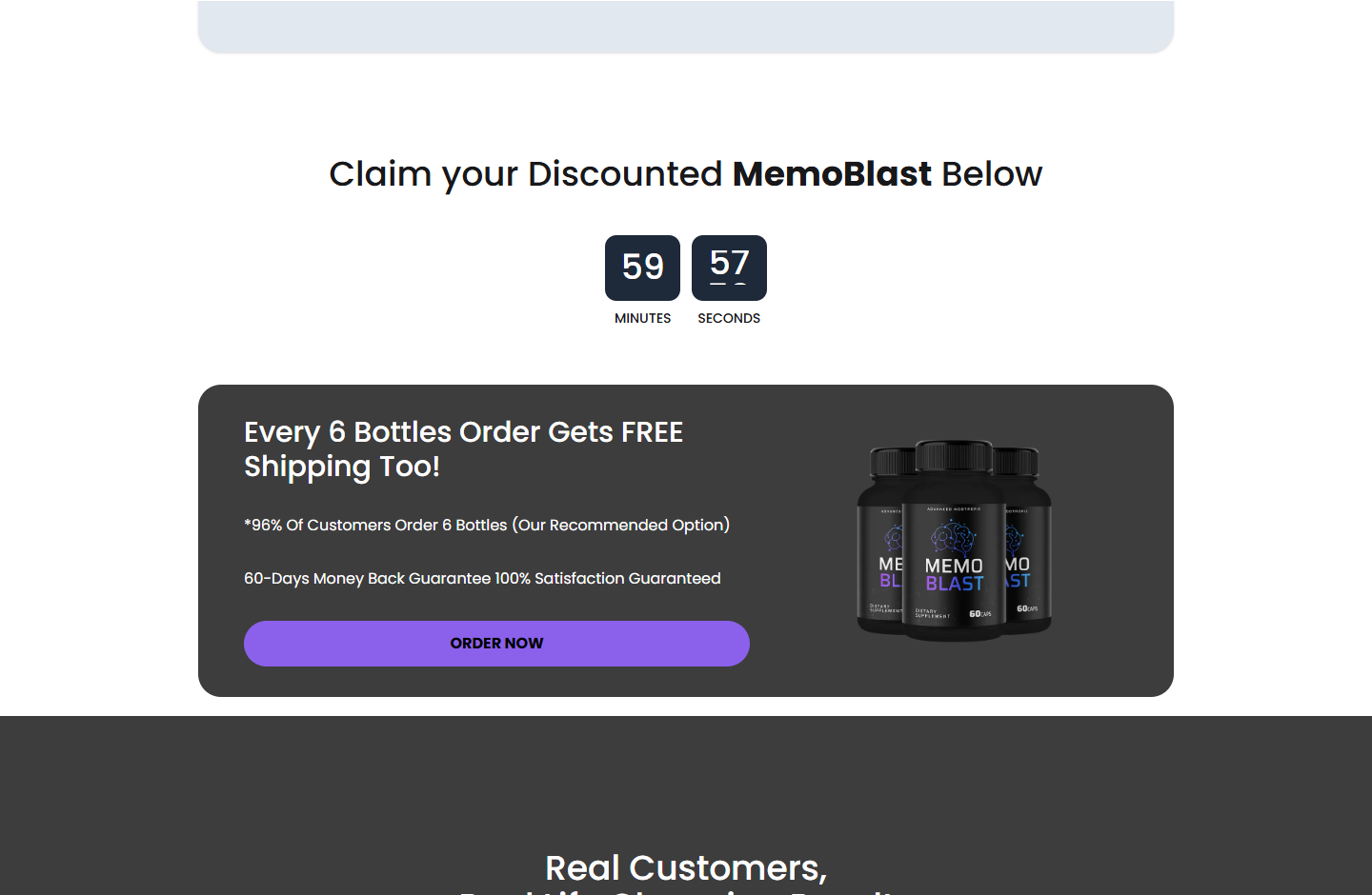MemoBlast sales page promoting six bottles and a 60-day guarantee