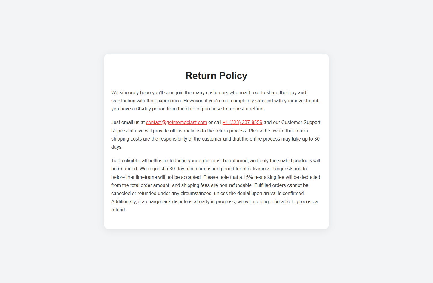 MemoBlast return policy showing sealed-bottle refund condition and restocking fee
