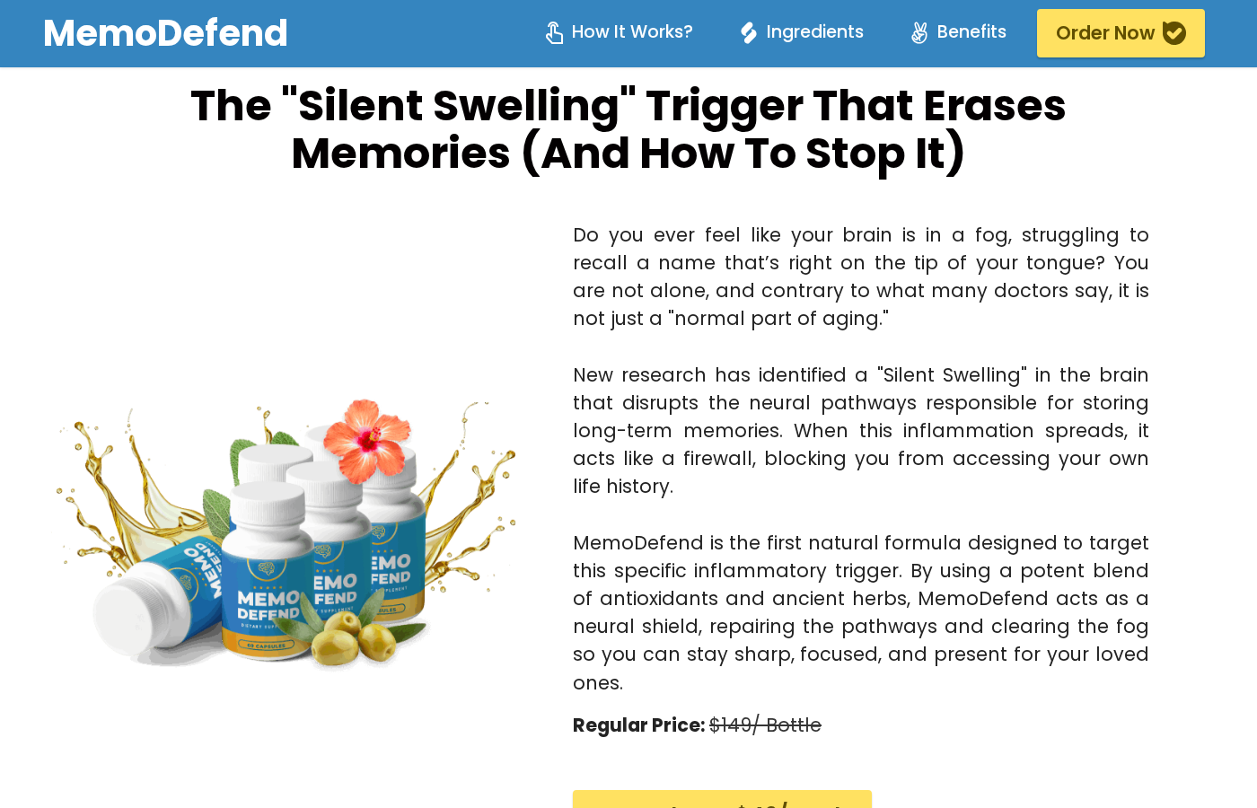 MemoDefend Review: Dendrite Claims and Return Warnings 1 MemoDefend sales page showing memory claims, product bottle, and bundle offer