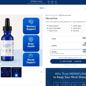 MemoFlow supplement website showing bottle prices and monthly delivery option