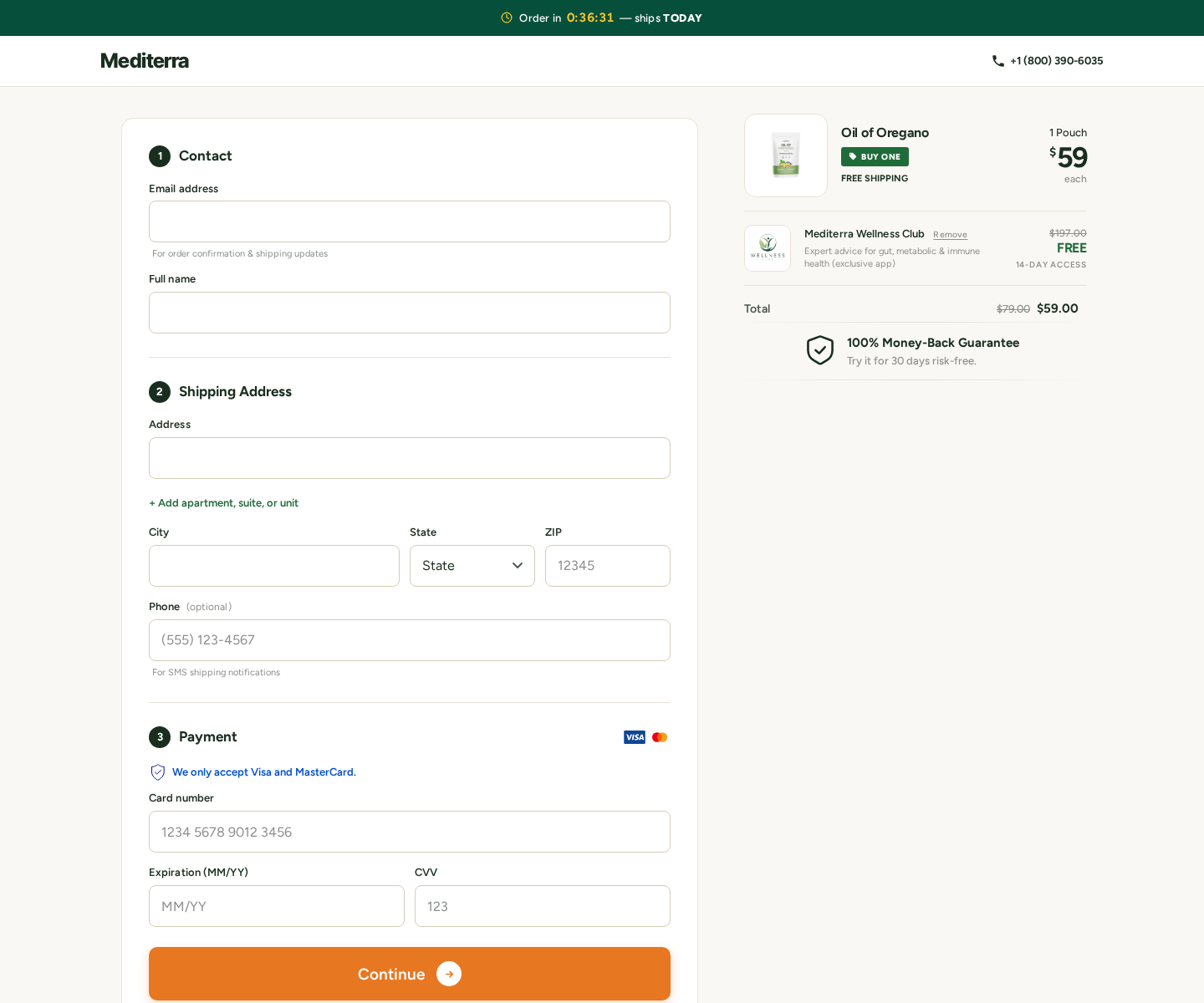 Mediterra checkout reached from MemoFlow showing Oil of Oregano and Wellness Club