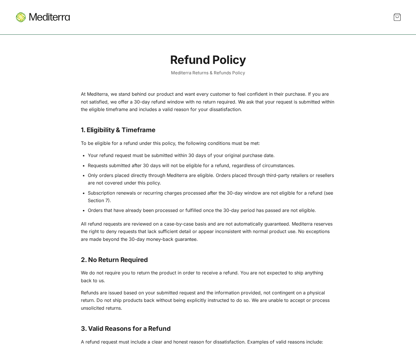 Mediterra refund policy linked to the MemoFlow checkout