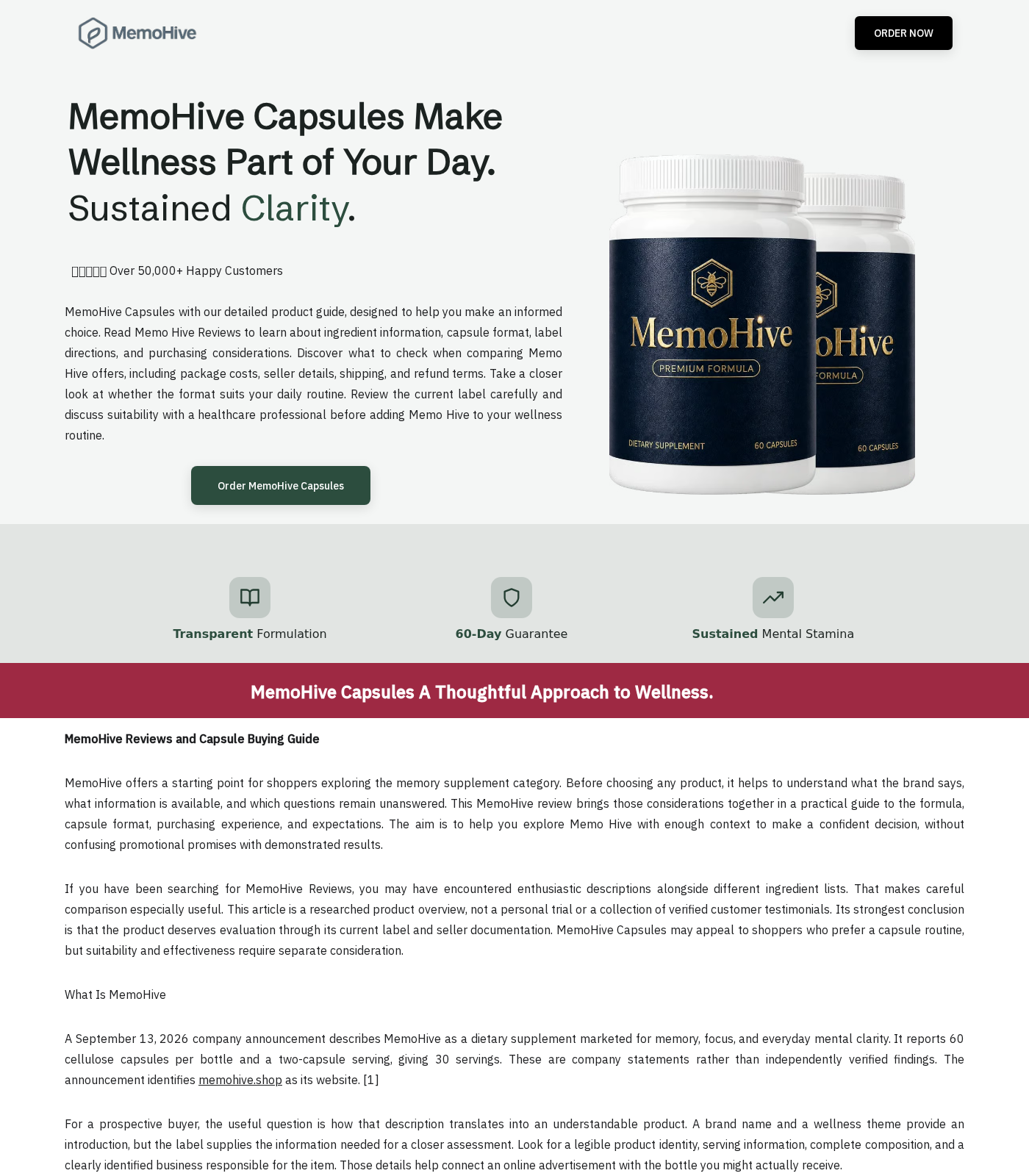 MemoHive promotional website advertising premium memory support capsules