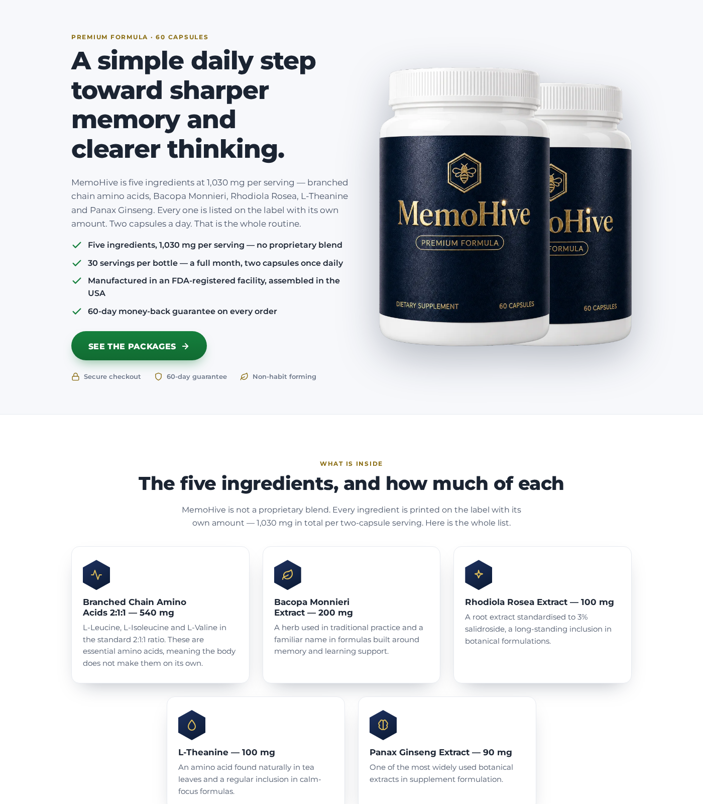 MemoHive official-style sales page listing five ingredients and capsule amounts