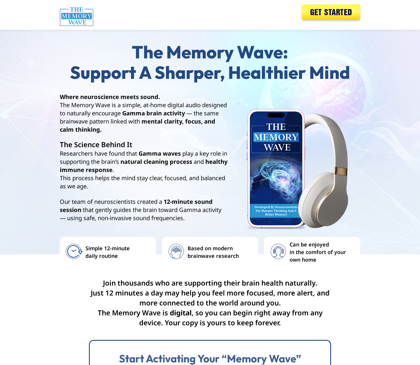 The Memory Wave official sales page presenting a 12-minute gamma audio program
