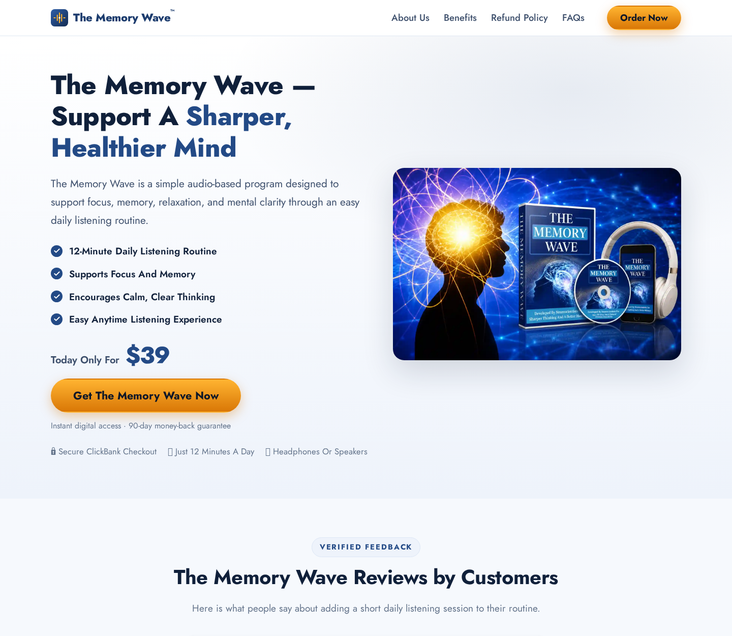 Alternate Memory Wave sales page showing the $39 price and 90-day guarantee