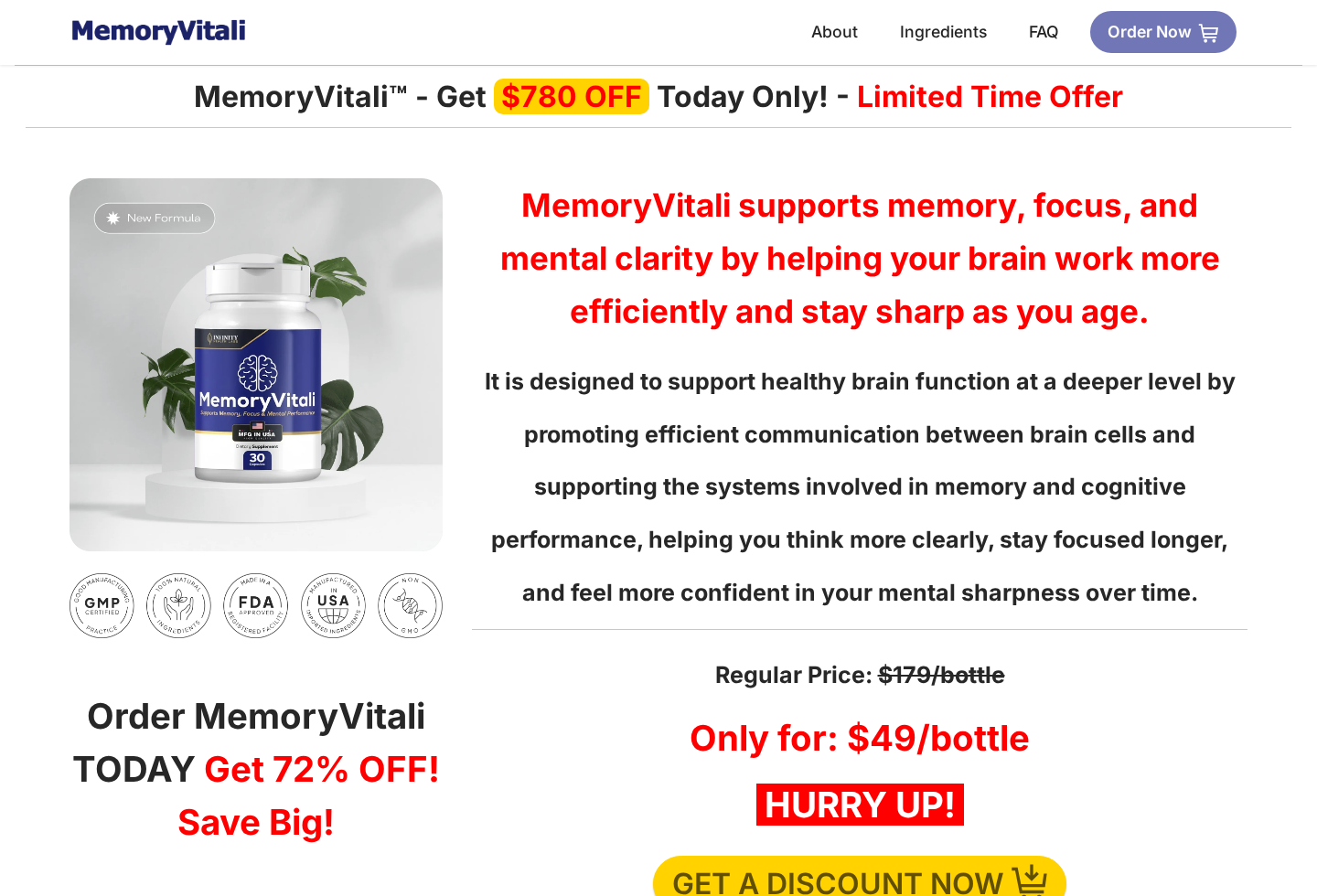 MemoryVitali Reviews Exposed: Clone Sites, False Claims and Buying Risks 3 Screenshot of another MemoryVitali official-style page with urgent discount language