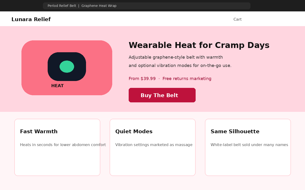 Viral Menstrual Heating Pad Ads: Real Heat Relief or Overhyped Dropship Belt? 2 Social style claim page promoting a graphene period heating belt