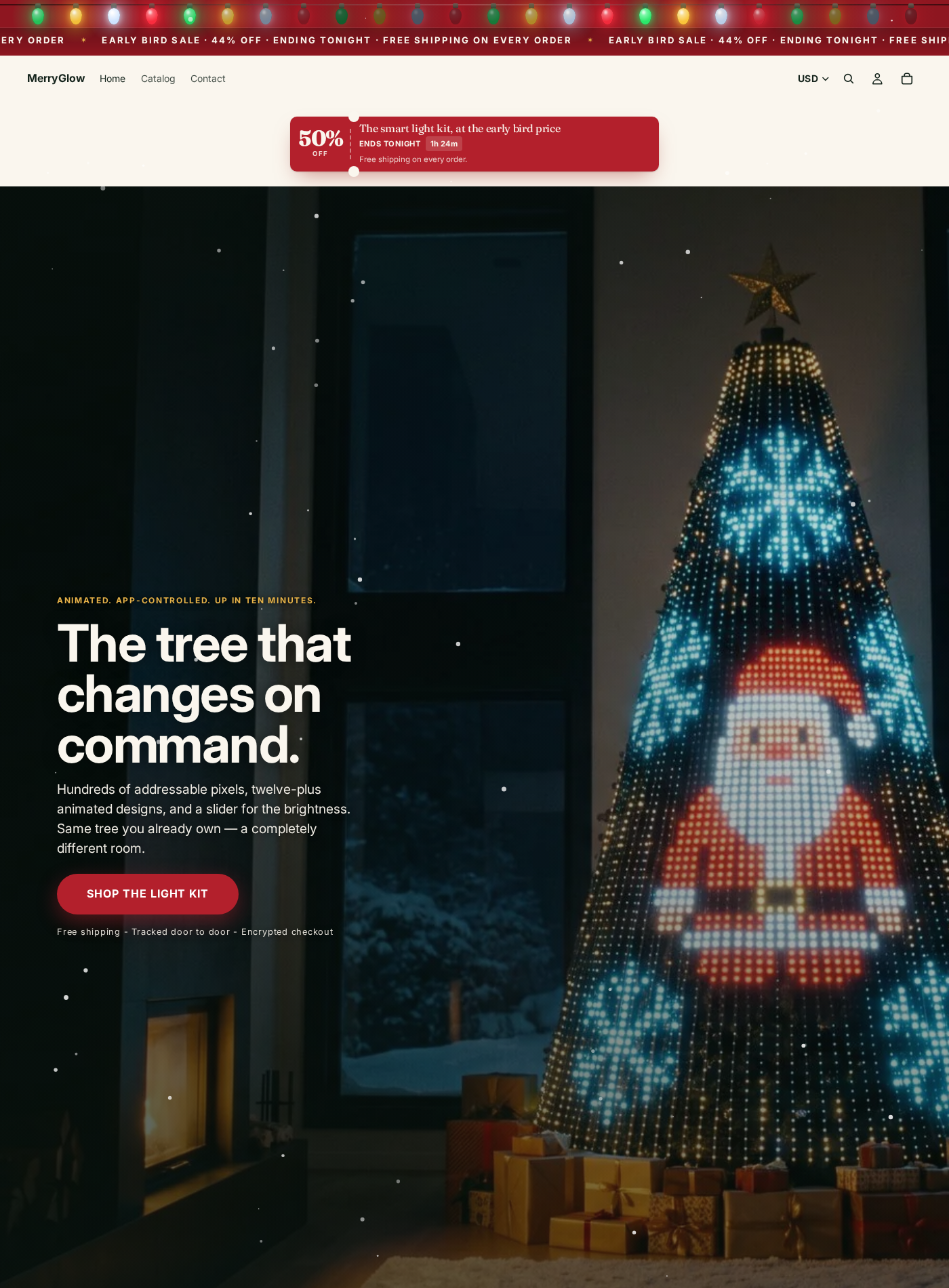 MerryGlow homepage advertising animated Christmas tree lights with a countdown and 50% discount