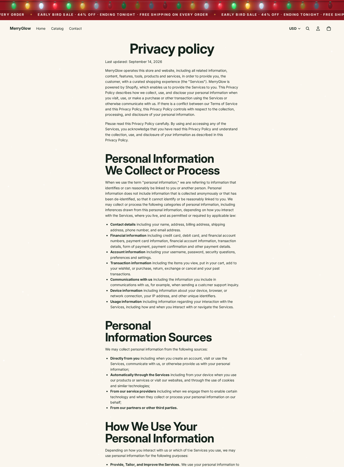 MerryGlow privacy policy containing contact information tied to a different brand