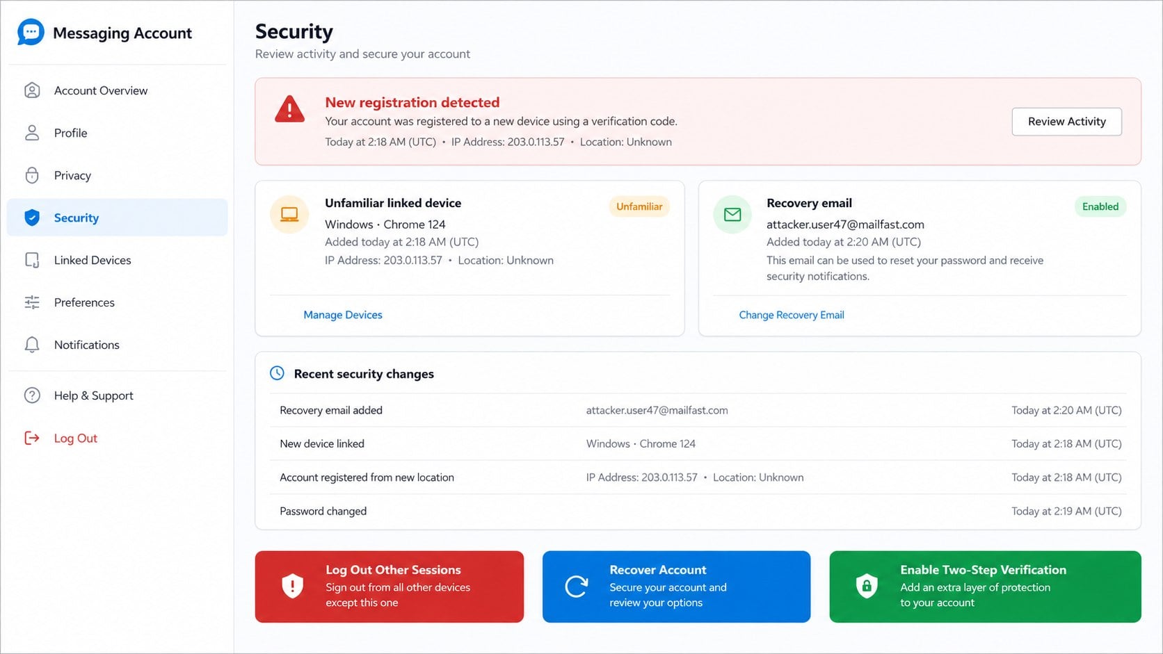 Reconstructed messaging security page showing an unfamiliar registration after account takeover
