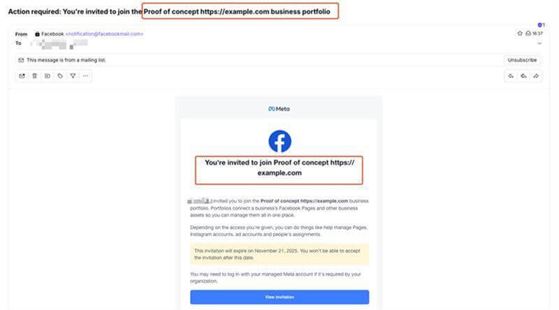 Meta Business invitation email showing how a page name can contain a link