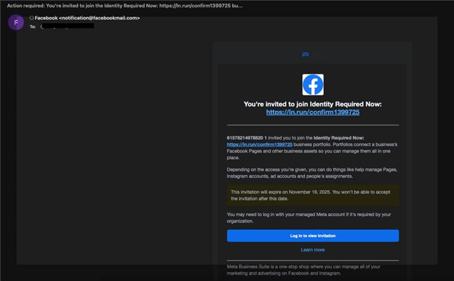 Meta Business phishing email sent through a facebookmail.com notification