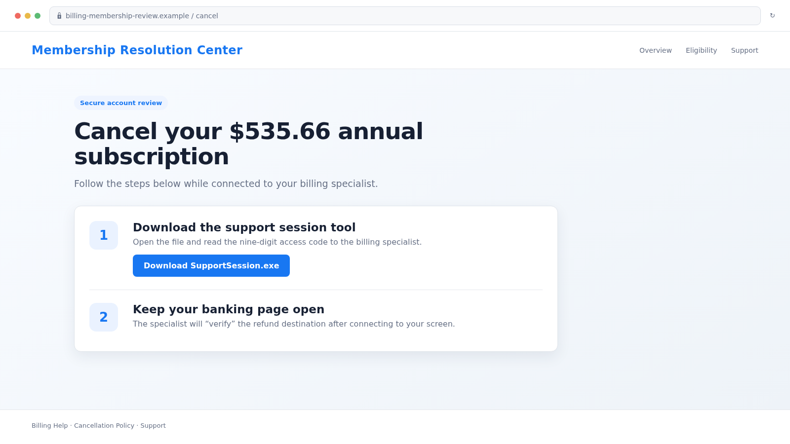 Meta Annual Subscription Scam: Fake $535.66 PayPal Invoice Trap Exposed 2 Reconstructed fake subscription cancellation page instructing the visitor to download remote-support software