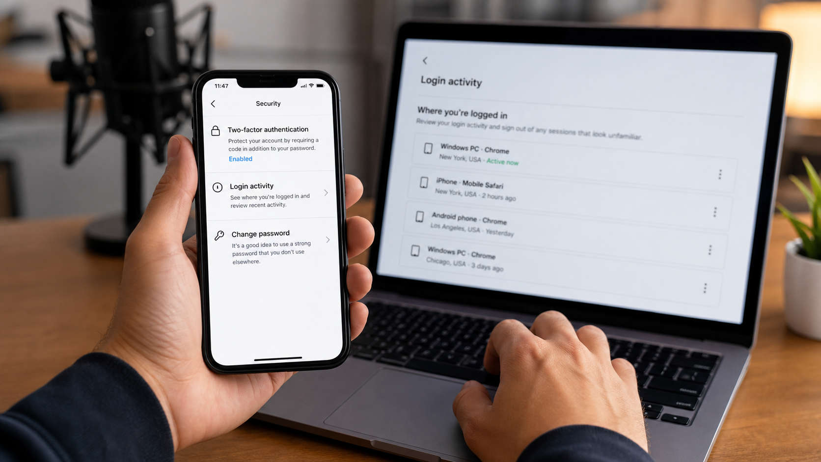 Meta Verified Message Scam: The 24-Hour Account Deletion Phishing Trap 2 User enabling two-factor authentication and reviewing login activity after a fake Meta Verified message
