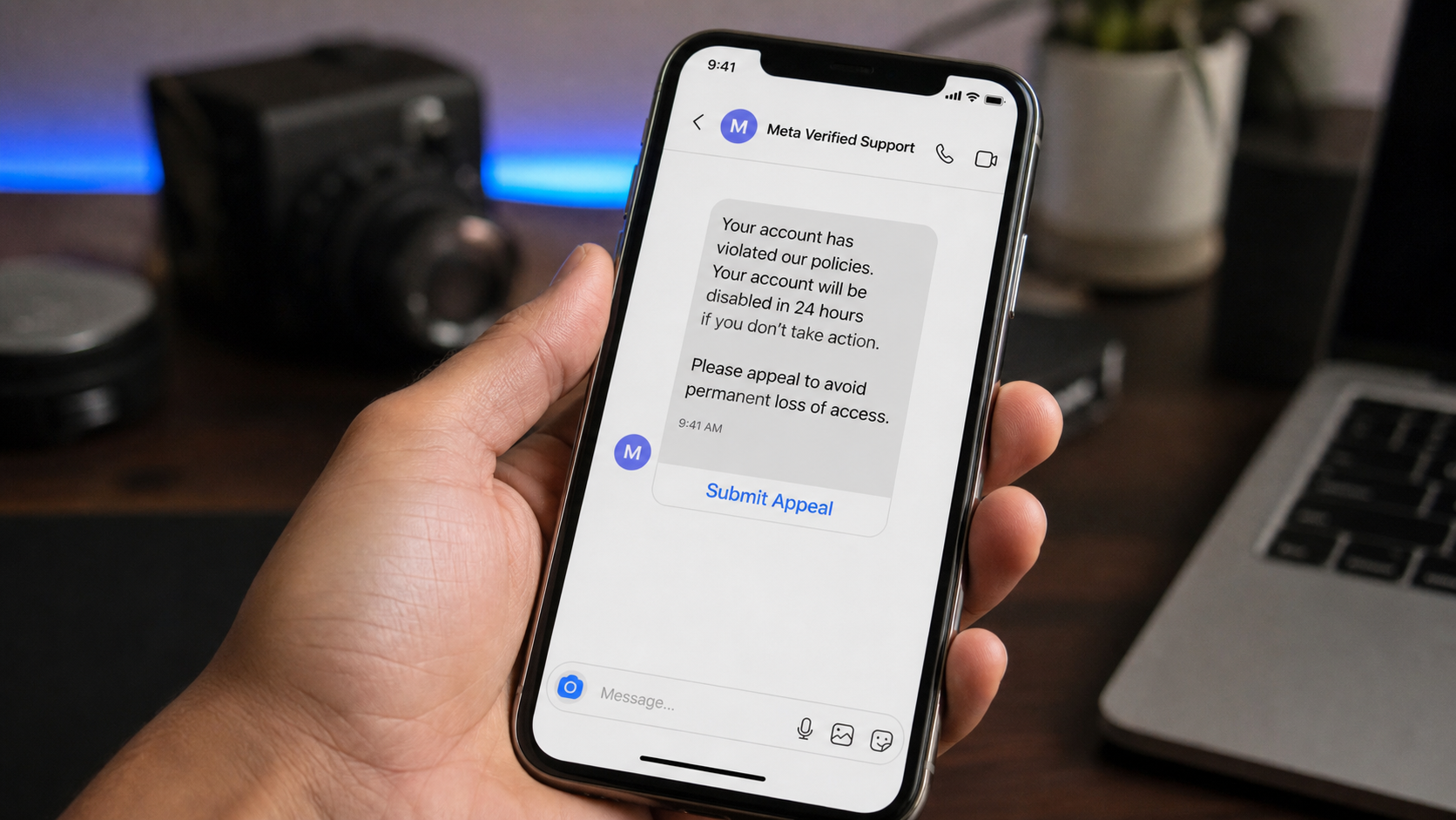 Meta Verified Message Scam: The 24-Hour Account Deletion Phishing Trap 1 Realistic reconstruction of a Meta Verified message scam threatening account deletion