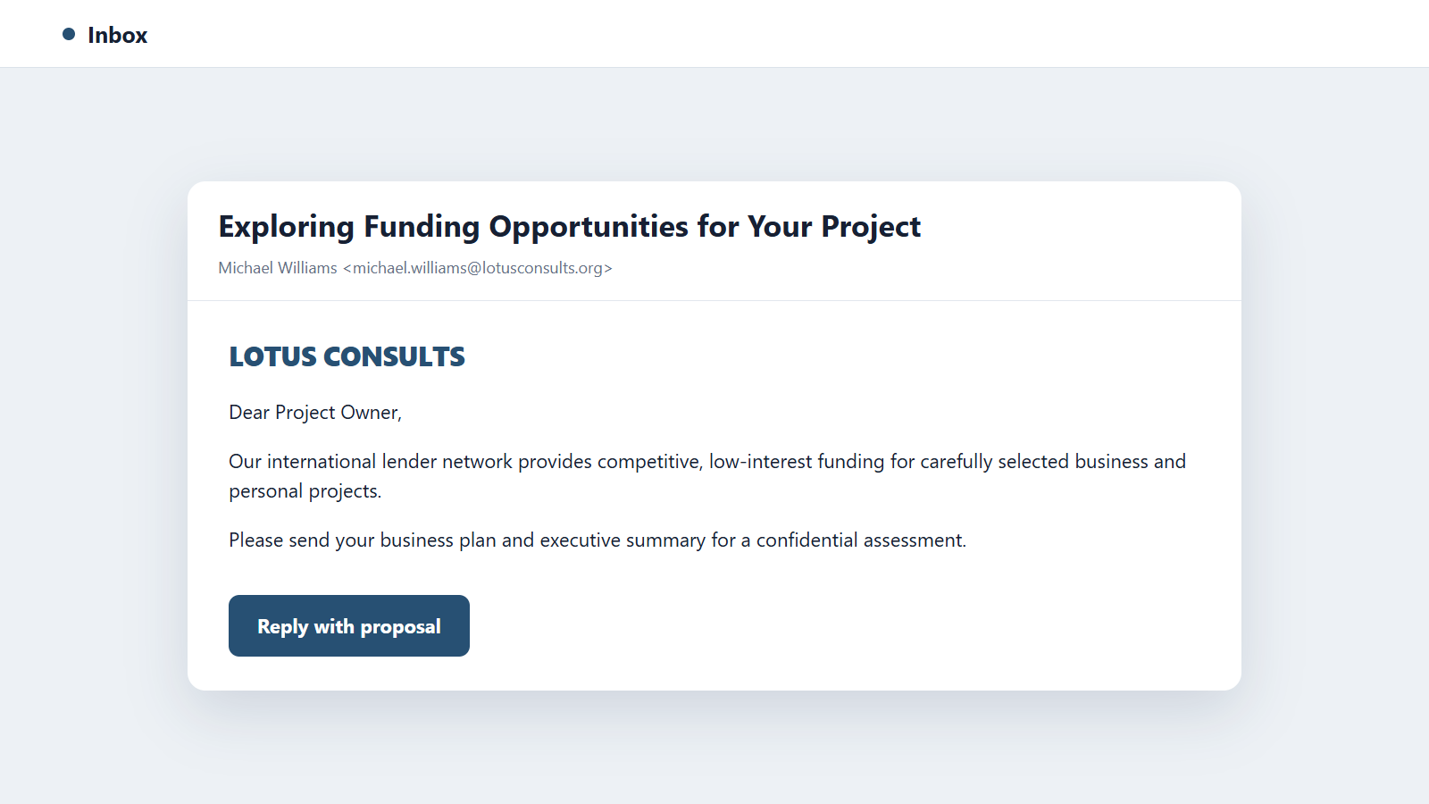 Michael Williams Lotus Scam: Fake Funding Emails Target Business Owners 1 Reconstructed Michael Williams Lotus scam email offering unsolicited project funding