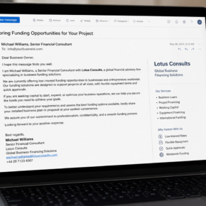 Realistic reconstruction of the Michael Williams Lotus Consults funding scam email