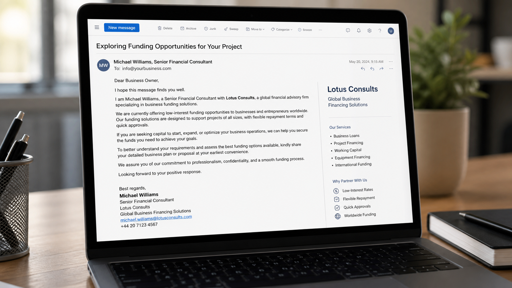 Realistic reconstruction of the Michael Williams Lotus Consults funding scam email
