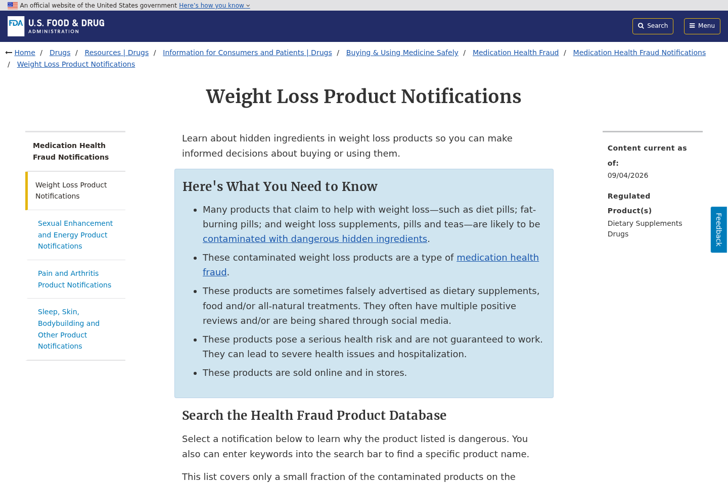 FDA warning page about hidden ingredients in online weight loss products