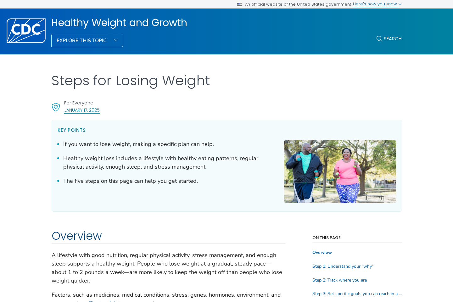 CDC guidance describing practical steps for healthy and sustainable weight loss