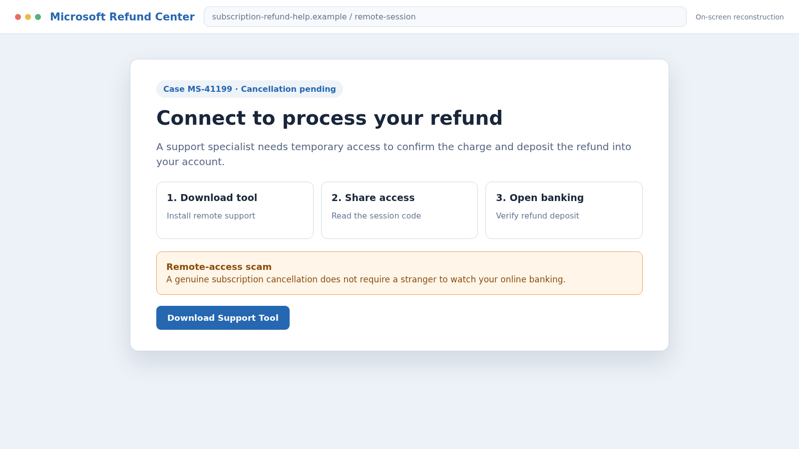 Microsoft 365 Protection Scam: Fake $411.99 Renewal Support Call Exposed 2 Reconstructed Microsoft 365 scam refund screen requesting remote support access