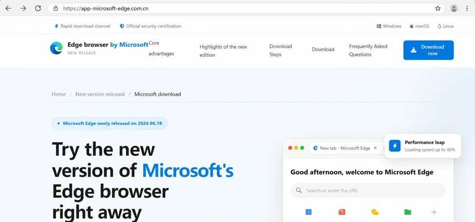 Fake Software Download Pages Install Malware Behind Familiar Brand Names 1 Authentic screenshot of a counterfeit Microsoft Edge download page documented in a malware campaign