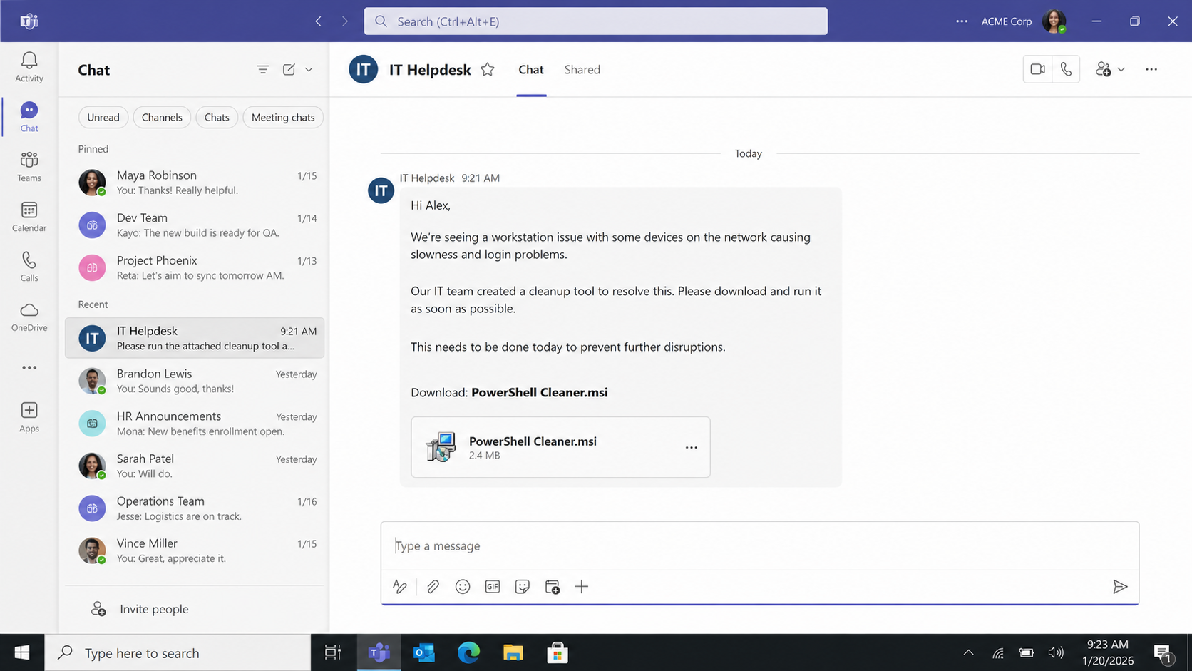 Fake Microsoft Teams IT Helpdesk chat offering PowerShell Cleaner MSI